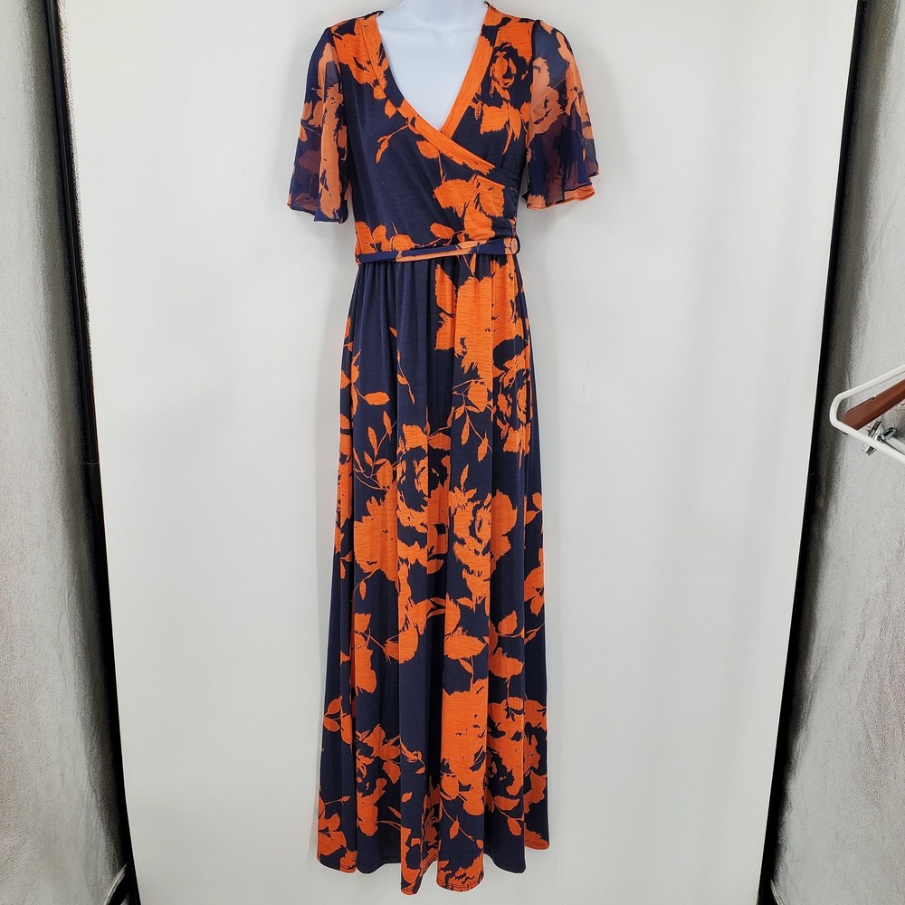 Emerald Floral Maxi Dress Navy Orange V-Neck Flutter Sleeve Small Tropical Boho